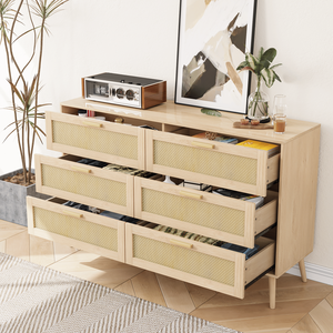 Modern <b>6</b>-<b>Drawer</b> Dresser with Wide Wood Handles Rattan Chest of <b>Drawers</b> for Bedroom <b>6</b> <b>Drawers</b> Chest of Dressers - Product Image 6