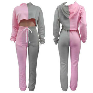 Conjunto de Sudadera Corta con Capucha y Pantalones Jogger para Mujer, Diseño de Bloques de Color en Dos Tonos, Bordado, Informal, de Invierno, al por Mayor, OEM - Product Image 5