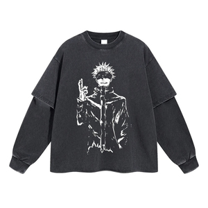 Camiseta Negra de Manga Larga de Doble Capa 100% Algodón de Alta Calidad Personalizada con Estampado Hip Hop para Hombre - Product Image 1