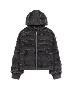Chaqueta Oversize Negra con Capucha para Hombre, Estilo Urbano, con Diseño de Parches Desgastados, Manga Regular, Tejido de Tela, Fabricante de Ropa - Product Image 2