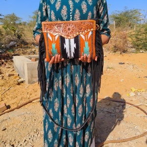Western Hand Tooled Leather Crossbody Purse Turquoise Saddle <b>Blanket</b> Bag Genuine Cowhide Western Leather Bohemian Fringe Purse - Product Image 3