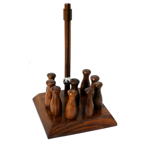 Handcrafted Wooden Tabletop <b>Bowling</b> Game Featuring A Central Swing Ball Post And Miniature Pins For Fun Indoor Entertainment - Product Image 1