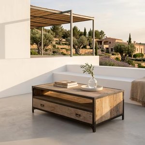 Mesa de Centro de Madera Contemporánea, Ecológica y Duradera Simon, con Estructura Metálica, Construcción de Madera Sólida, Acabado Natural, para Hogar y Hotel - Product Image 2