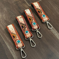 Porte-clés mousqueton en cuir repoussé à la main avec motif tournesol en peau de vache et pierre turquoise Porte-clés en cuir véritable Petits porte-clés