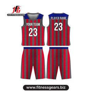 ชุดบาสเก็ตบอล JUST FITNESS GEARS แบบกำหนดเอง สีแดง-เทา ลายทาง ระบายเหงื่อได้ดี สำหรับผู้ใหญ่ ทั้งชายและหญิง - Product Image 1