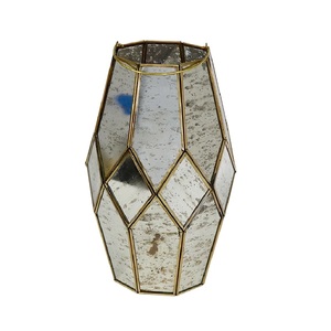 Rustic <b>Square</b> Gold Brass Mercury Glass Lantern <b>Candle</b> Holder With Floral Cutout Design Glass Panels For Home Decoration - Product Image 3