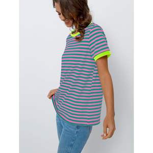 Automet, camisetas holgadas de verano para mujer, camisetas informales básicas de manga corta con cuello redondo, Camisetas básicas informales a rayas con cuello redondo de bloque de Color - Product Image 5