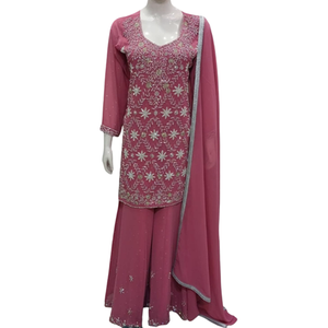 FAMUCAAS Green Hand Embroidered Georgette Women's Indian/Pakistani Top Dress Set V Neck Long Sleeve Salwar Kameez Dupatta Party - Product Image 2