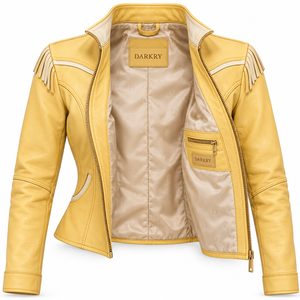 Chaqueta de cuero auténtico amarillo pastel con ribete crema, flecos, y cuello occidental, puños con cremallera, para mujer, cuello alto, ropa exterior, proveedor de fábrica personalizado - Product Image 5