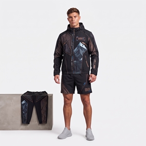 <b>mens</b> <b>black</b> copper topographic print 3 piece tracksuit hooded jacket athletic gym <b>shorts</b> tapered track pants running activewear - Product Image 4