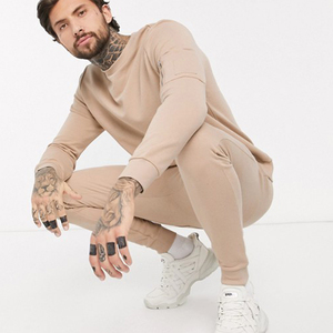 Men's Beige Crew Neck <b>Tracksuit</b> Full Sleeve Solid Color Casual Sweatshirt and Pants Set Breathable Midweight Cotton Autumn Wear - Product Image 1
