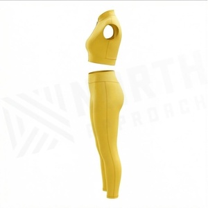 Yellow 2 Piece Yoga Set Sleeveless Crop <b>Top</b> High Waist Full Length Leggings <b>Zipper</b> Front Solid Color Sportswear - Product Image 3