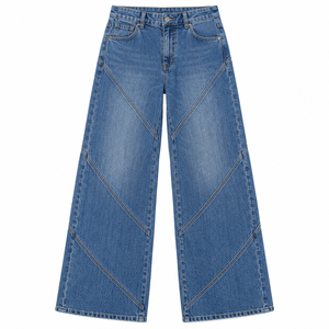 Jeans de Pierna Ancha con Costura Diagonal Azul, Pantalones de Mezclilla con Costuras en Contraste, Ropa Casual de Moda Urbana, Proveedor Mayorista de Ropa Personalizada - Product Image 1