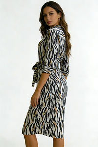 เดรสเชิ้ตผ้าซาตินลายม้าลายสำหรับผู้หญิง ปี 2026 แขน 3/4 พร้อมเข็มขัดผูกเอง ความยาวระดับเข่า สไตล์ลำลองสำหรับใส่ทำงานหรือกึ่งทางการ - Product Image 2