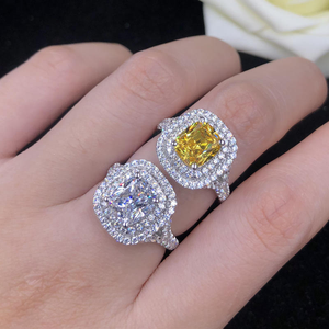 Bague Halo en Moissanite Diamant, Argent 925, Pierre Jaune et Blanche Taille Coussin, Bague de Fiançailles et de Mariage, Bijoux de Luxe pour Femme - Product Image 2