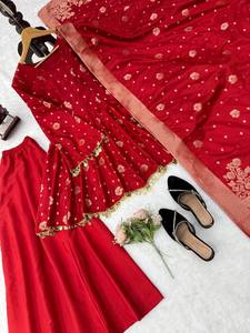 Ensemble Kurta de Soirée pour Femme en Soie Satinée Tissée, avec Dentelle Fantaisie à Motifs Monnayeurs, Réversible, Infroissable, Séchage Rapide, Coupe Ample Classique, Style Indien Pakistanais - Product Image 6