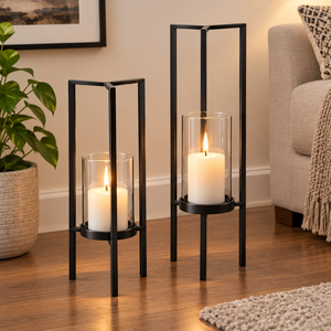 Modern <b>Black</b> Metal <b>Lantern</b> <b>With</b> Glass <b>Candle</b> Holder For Home Decoration - Product Image 3