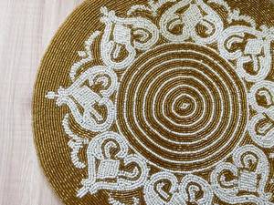 Handmade <b>Beaded</b> Polyester/Cotton Floral Embroidered Stripe Eco-Friendly <b>Placemat</b> Gold and White Home & Hotel Use - Product Image 1