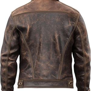 Men's Brown Genuine Leather Moto Biker Jacket Turn-down Collar Button Closure Regular Length Autumn Wear - Product Image 6