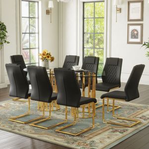 Set da Pranzo di Lusso con Tavolo Ovale in Vetro Temperato da 71 Pollici, Sedie in PU Nero di Alta Qualità con Doppia Colonna Dorata, Set 5 Pezzi Tavolo e Sedie Leggeri - Product Image 1