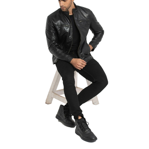 <b>Men</b> Black Genuine <b>Leather</b> <b>Jacket</b> Moto Biker Style Stand Collar Zipper Closure Slim Fit Regular Length Autumn Wear - Product Image 3