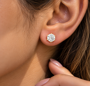 Round Cut Lab Grown Diamond 14K Solid Gold Floral <b>Basket</b> Solitaire Earring Six Prong Stud DEF VVS IGI Certified Bridal Stud ODM - Product Image 2