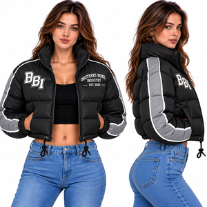 women cropped puffer jacket stand collar winter <b>bubble</b> <b>coat</b> striped sleeve crop down jacket warm streetwear outerwear OEM - Product Image 1
