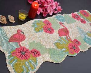 Camino de Mesa Bordado de Algodón con Diseño Floral de Flamencos, Estilo Bohemio, Decoración para el Hogar, Rosa, Verde, Beige - Product Image 4