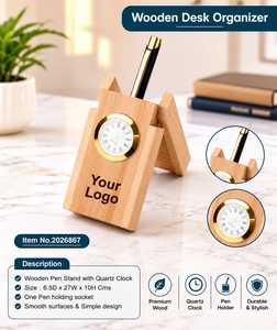 Organizador de Escritorio de Madera Premium con Reloj y Portaplumas |   Organizador de Escritorio de Oficina Personalizado de Madera - Product Image 2