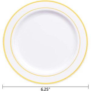 Platos Desechables de Plástico Dorado de Primera Calidad, Paquete de 100 Unidades, 6.25 Pulgadas, Borde Dorado Blanco, para Ensaladas, Postres, Aperitivos, Pequeños Pasteles - Product Image 2