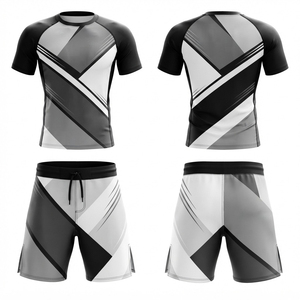 Ensemble de rashguard MMA pour homme, noir et orange, imprimé géométrique, ajusté, anti-humidité, séchage rapide, extensible, vêtements de sport - Product Image 2