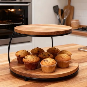 Support à gâteau rond à 2 niveaux en bois avec cadre métallique, présentoir à desserts et cupcakes pour boulangerie et fêtes - Product Image 2