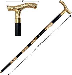 Canne de marche LIARA en laiton antique avec poignée en T gravée de motifs floraux, tige noire, canne vintage pour homme, pour usage intérieur et extérieur - Product Image 2