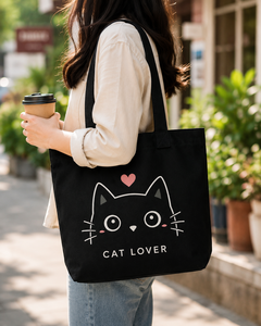 Bolsa de lona negra con diseño impreso para amantes de los gatos, bolsa de compras para todas las estaciones - Product Image 5