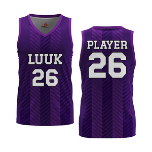 Camiseta de Baloncesto Ultra Cómoda, Cuello en V, Sin Mangas, Sublimada, Absorbe la Humedad, Patrón Geométrico Morado, Unisex para Adultos - Product Image 1