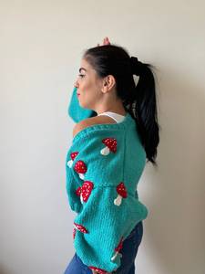 Cárdigan de Mujer Tejido a Mano con Apliques de Hongos, Color Verde Azulado, Manga Larga, Estilo Casual para Otoño - Product Image 5