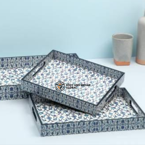 Ensemble de 3 plateaux de service de cuisine en émail géométrique bleu, plateaux décoratifs en MDF, design élégant, adaptés aux aliments - Product Image 3