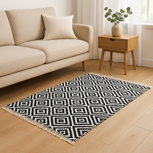 Tapis en coton jacquard tissé à la main, motif chevron noir et blanc |   Tapis de sol géométrique bohème réversible pour salon et chambre à coucher - Product Image 3