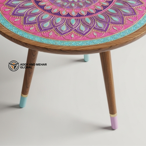 <b>Pink</b> Industrial Meena Pattern Wooden <b>Stool</b> Handcrafted Round Decorative Accent <b>Stool</b> for Apartment Living Room - Product Image 3