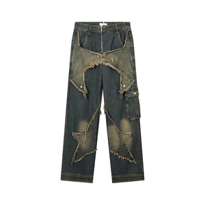 Pantalon cargo en jean déchiré taille haute coupe ample motif étoile style streetwear en coton pour l'automne - Product Image 2
