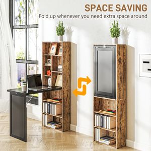 <b>Rustic</b> Brown Fold-Out Convertible Home Office <b>Desk</b> with Adjustable Blackboard and Side Shelf MDF Computer Table - Product Image 3