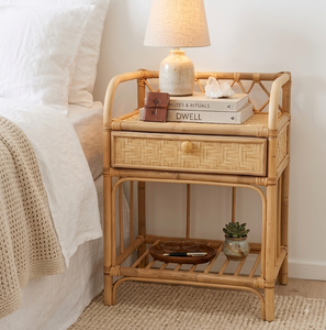 <b>Vintage</b> Woven Rattan Nightstand Handwoven Eco-Friendly 2-Drawer Open Shelf Modern Coastal <b>Side</b> <b>Table</b> Entryway - Product Image 2