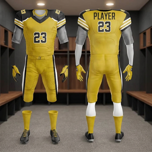 Esta imagen muestra un conjunto de uniforme de fútbol americano personalizado en dorado y negro, completo con una camiseta, pantalones, guantes, calcetines y botas con tacos. - Product Image 5