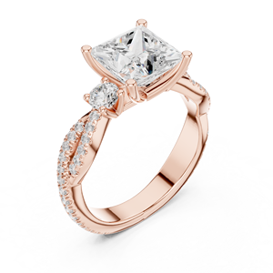 Bague de fiançailles en or rose avec diamant de laboratoire taille princesse, pavé torsadé, trois pierres, pour femme - Product Image 4