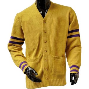 Sorority <b>Women's</b> Yellow Knitted <b>Cardigan</b> V-Neck <b>Long</b> Sleeve With Purple Stripes And Buttons Classic Casual Sweater Knitwear 2026 - Product Image 1