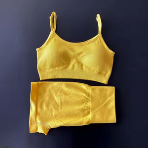 Ribbed Yoga <b>Set</b> 2 Piece High Waist Crop Top & Shorts Solid Color Strap Breathable Sport Wear for Women Yoga <b>Set</b> - Product Image 3