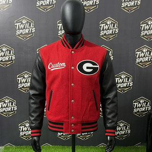 Custom Georgia Red Varsity <b>Jacket</b> Men's PU Leather Sleeve College Letterman Bomber Embroidery G Logo Front <b>Patch</b> Design High - Product Image 4