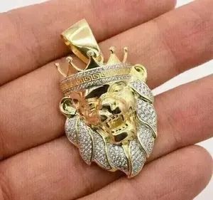 Pendentif Tête de Lion Hip Hop Iced Out Plaqué Or, Breloque Couronne Lion pour Collier, Bijoux de Mode Masculins, Pendentif Moissanite Roi des Animaux - Product Image 2