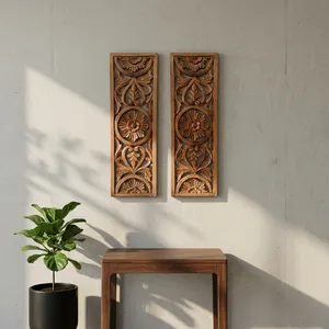 Ensemble de 2 panneaux muraux en bois sculptés à la main, art mural encadré brun, sculptures murales décoratives en bois pour salon, chambre, bureau à domicile - Product Image 6