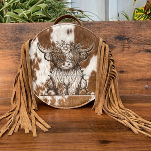 Bolso de Cantina con Flecos de Piel de Vaca Hecho a Mano para Mujer, Bandolera Redonda Floral con Relieve Láser Occidental, Bolsos de Cuero de Gamuza - Product Image 4